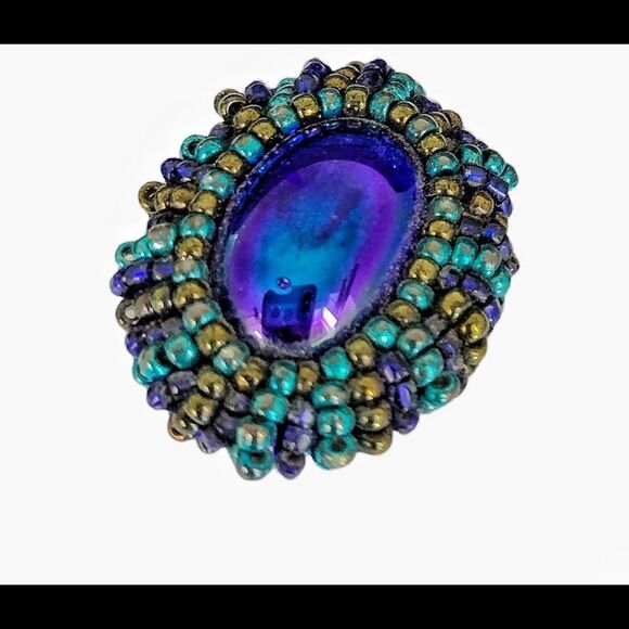 Hand beaded royal blue glass cabs turquoise gold glass bezel pierced earrings - Picture 3 of 13